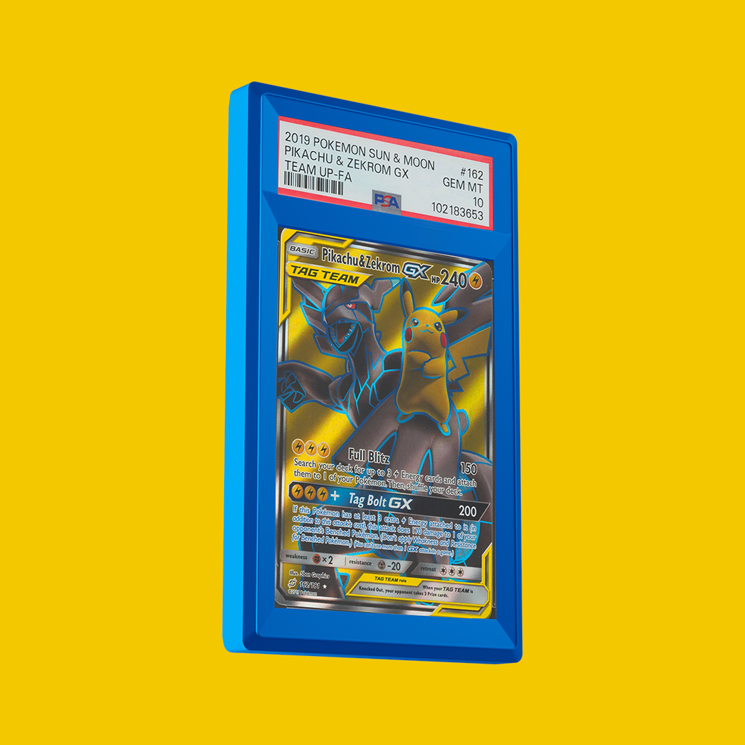 Pokémon trading card in a blue protective case on a yellow background