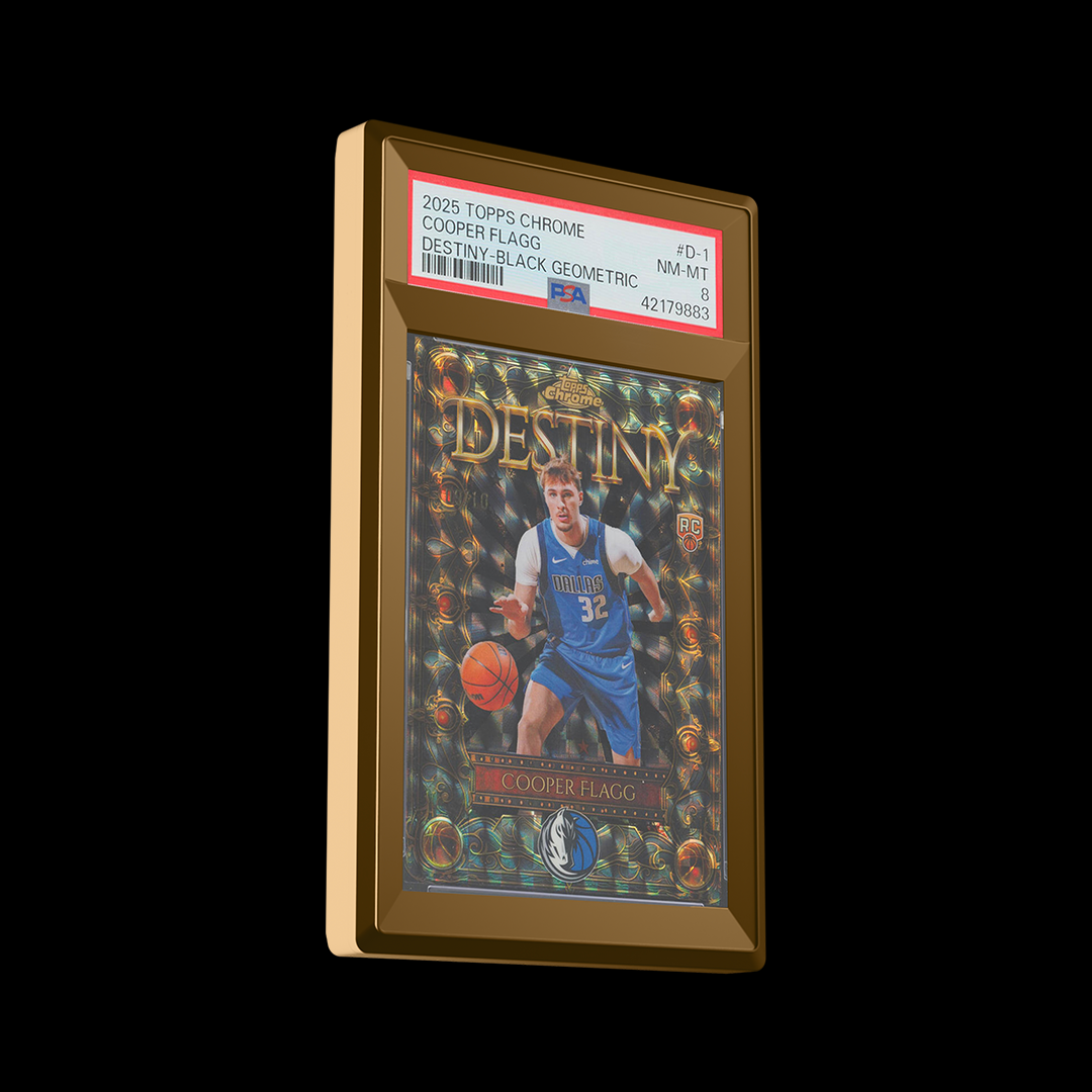 fofo 35pts gold graded card case with zinc alloy trim framing a PSA 10 card